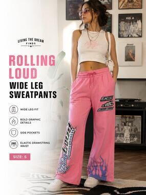Rolling Loud Women's Pink Graphic Wide Leg Sweatpants Size S Lounge Pants